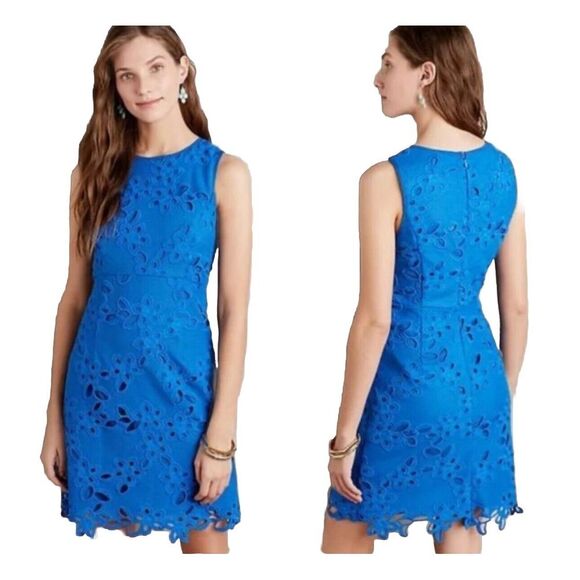 Anthropologie Maeve Arette Eyelet Sheath Blue‎ Sleeveless Mini Short Dress Sz. M - Picture 1 of 11